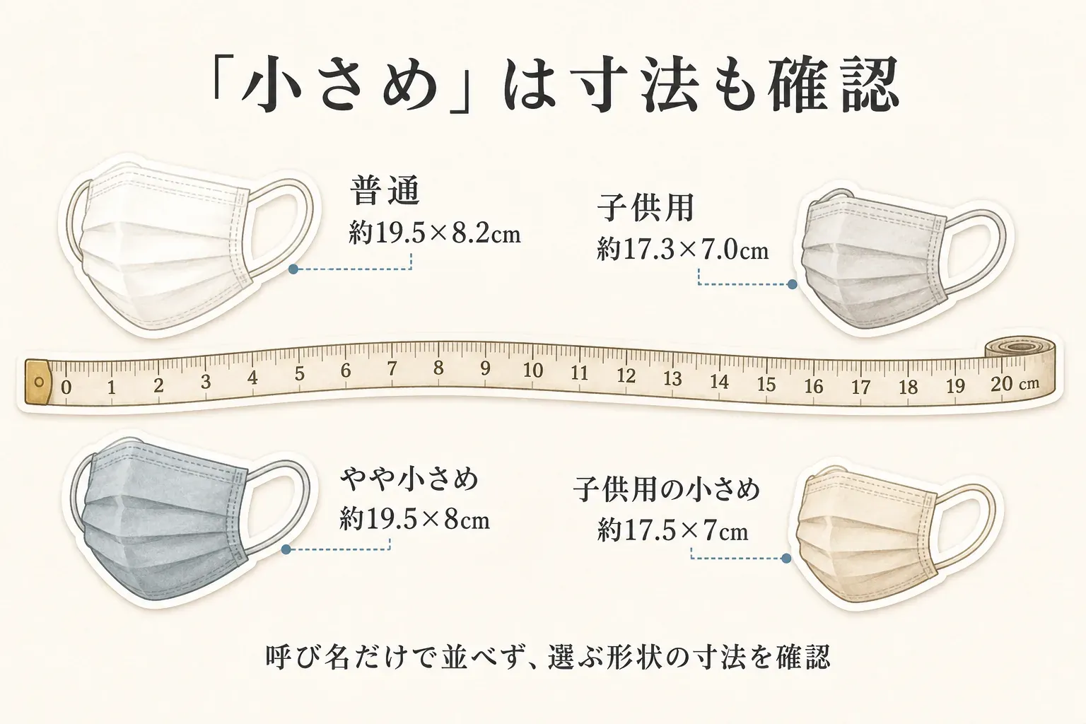 立体不織布マスクのサイズ表記を比較する図。普通は約19.5×8.2cm、子供用は約17.3×7.0cm、やや小さめは約19.5×8cm、子供用の小さめは約17.5×7cmと示し、「小さめ」の呼び名だけでなく選ぶ形状の横幅と高さを確認するよう案内している。出典：各商品説明