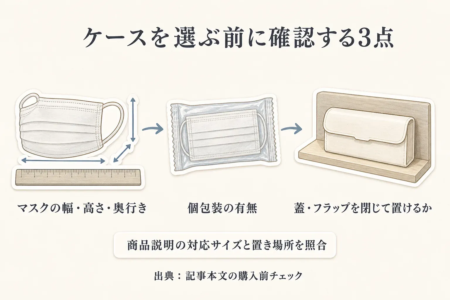 マスク収納ケースを買う前の確認順を示す図。未開封箱を湿気・直射日光・暖房器具・強いにおいから離せるか、包装の破れや濡れがないか、日常分を玄関またはリビングに分けられるか、マスクとケースの寸法、蓋やフラップを閉じた状態の設置場所を確認する。出典：記事本文「秋の衣替えで、マスクの保管場所を決める順番」