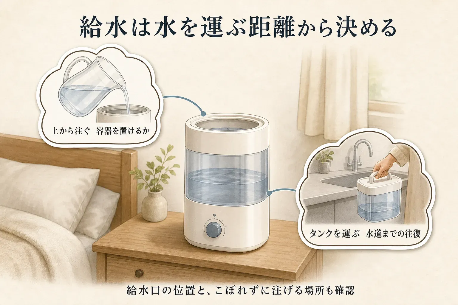 寝室の加湿器へ給水する動線を示す図。安定した台に置いた加湿器へ容器で上から水を注ぐ方法と、タンクを水道まで運んで往復する方法を比べ、給水口の位置と水をこぼさず注げる場所も確認することを示している。
