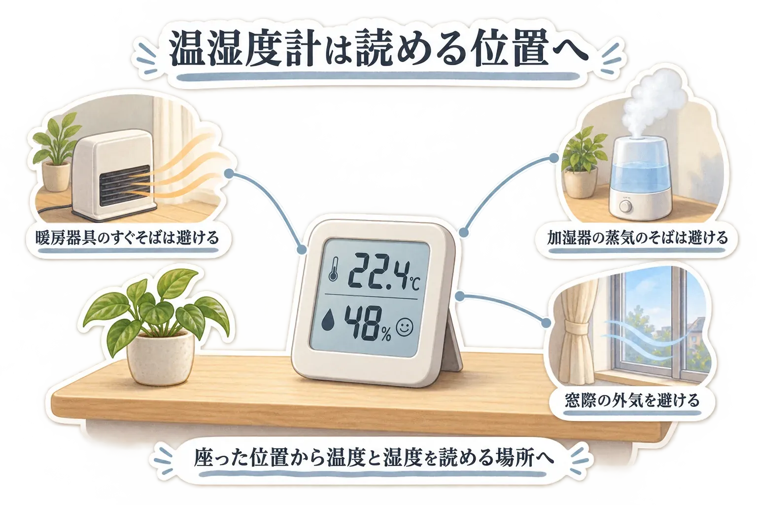 温湿度計を読める位置へ置く方法を示す図。暖房器具のすぐそば、加湿器の蒸気のそば、窓際の外気の影響を避け、座った位置から温度と湿度を読める棚やデスクに置くよう案内している。出典：記事本文「暖房の部屋では、どこに置くと表示を読みやすい？」