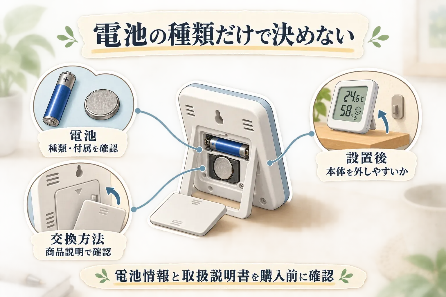 温湿度計の電池交換を確認する3点を示す図。電池の種類と付属の有無、商品説明で交換方法を確認すること、設置後に本体を外しやすいかを確認することを、単4形電池・コイン形電池・電池蓋・壁掛けの温湿度計で示す。出典：記事本文「電池交換のしやすさは、電池の種類だけで決められる？」