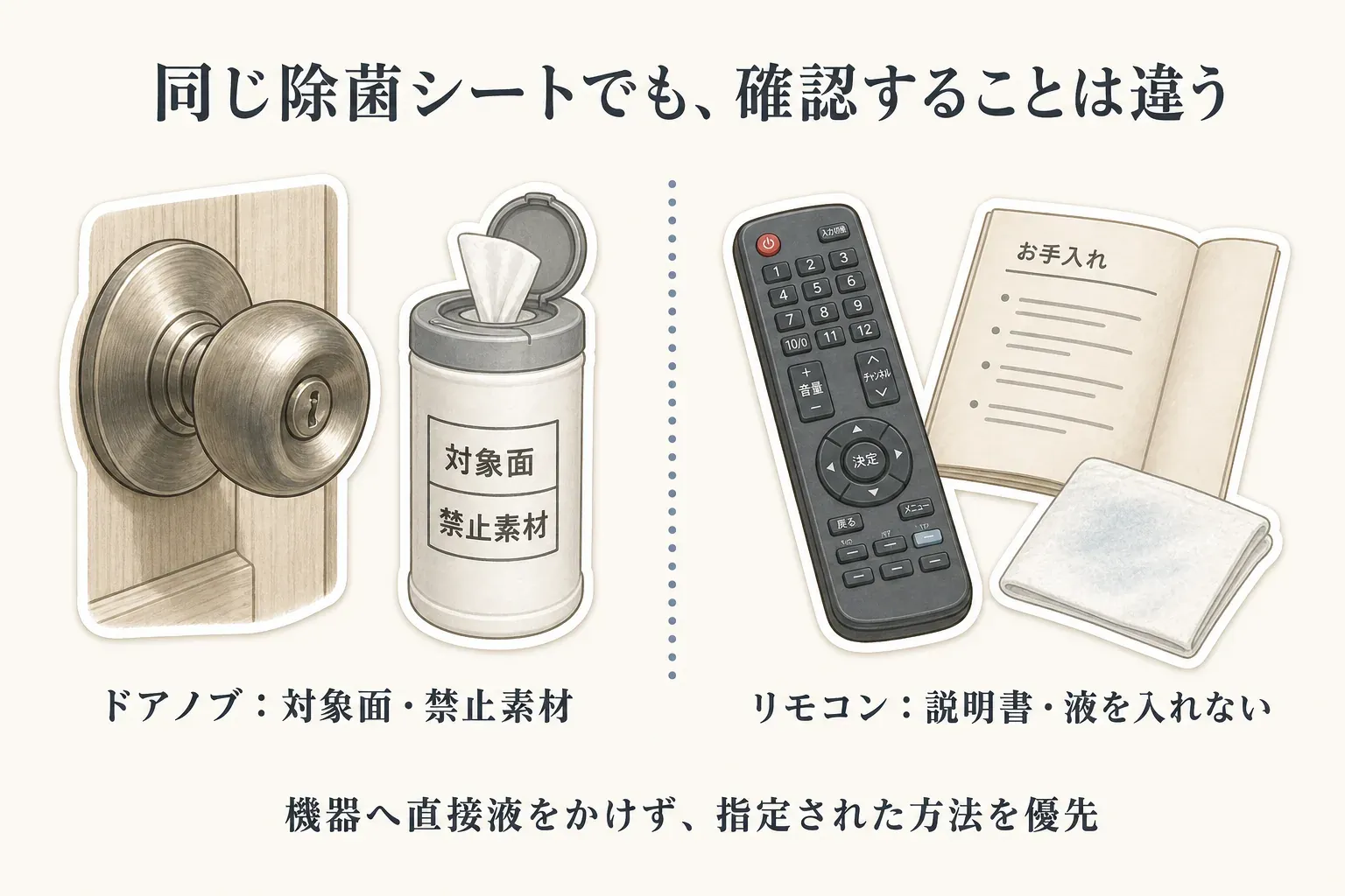 同じ除菌シートでも、ドアノブはシートの対象面と禁止素材を確認し、リモコンは取扱説明書と液を内部へ入れないことを確認する図。機器へ直接液をかけず、指定された方法を優先するよう示している。
