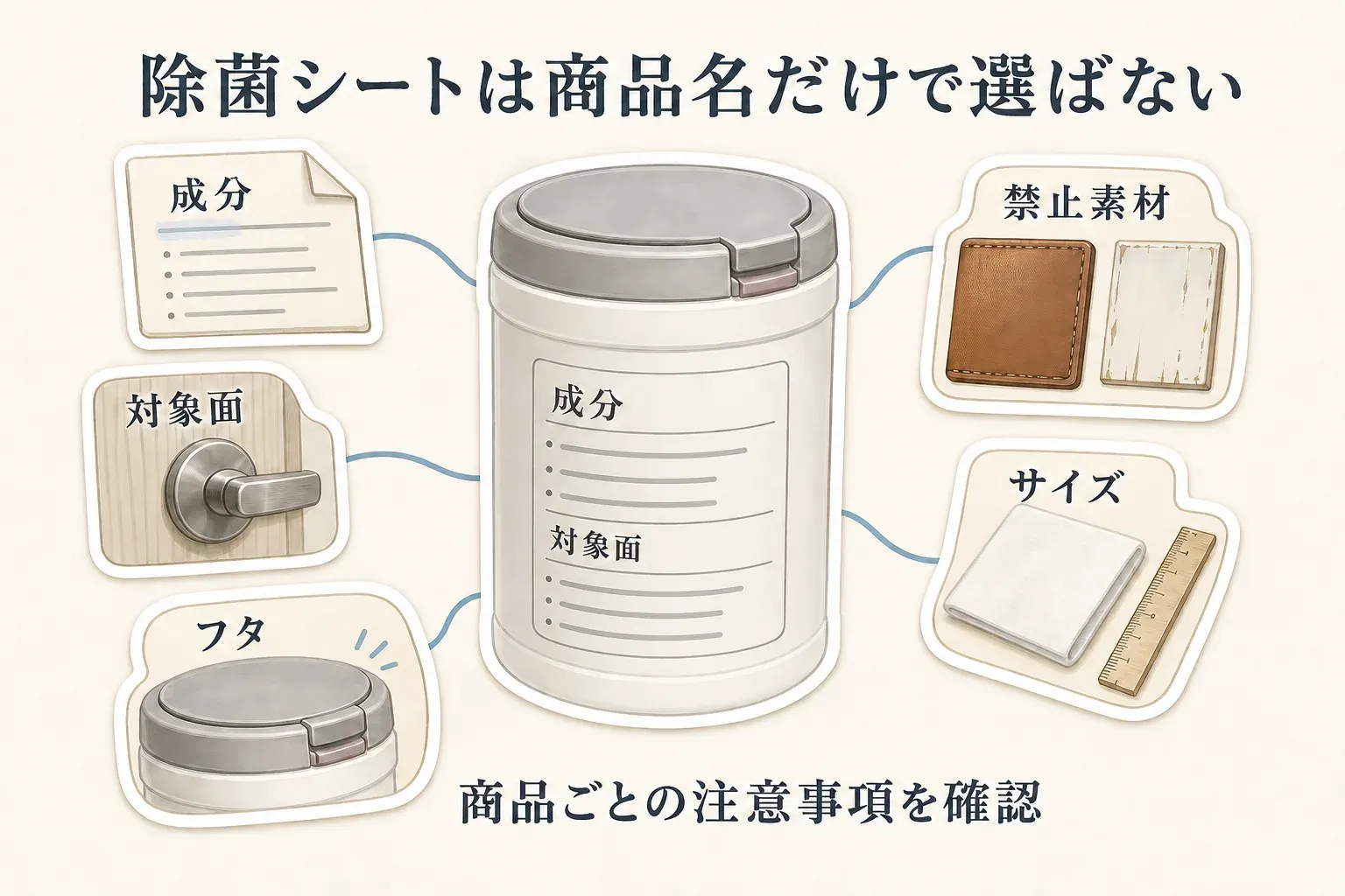 除菌シートは商品名だけで選ばず、ラベルの成分、対象面、禁止素材、シートサイズ、フタを確認する図。革製品や白木を禁止素材の例として示し、商品ごとの注意事項を確認するよう促している。