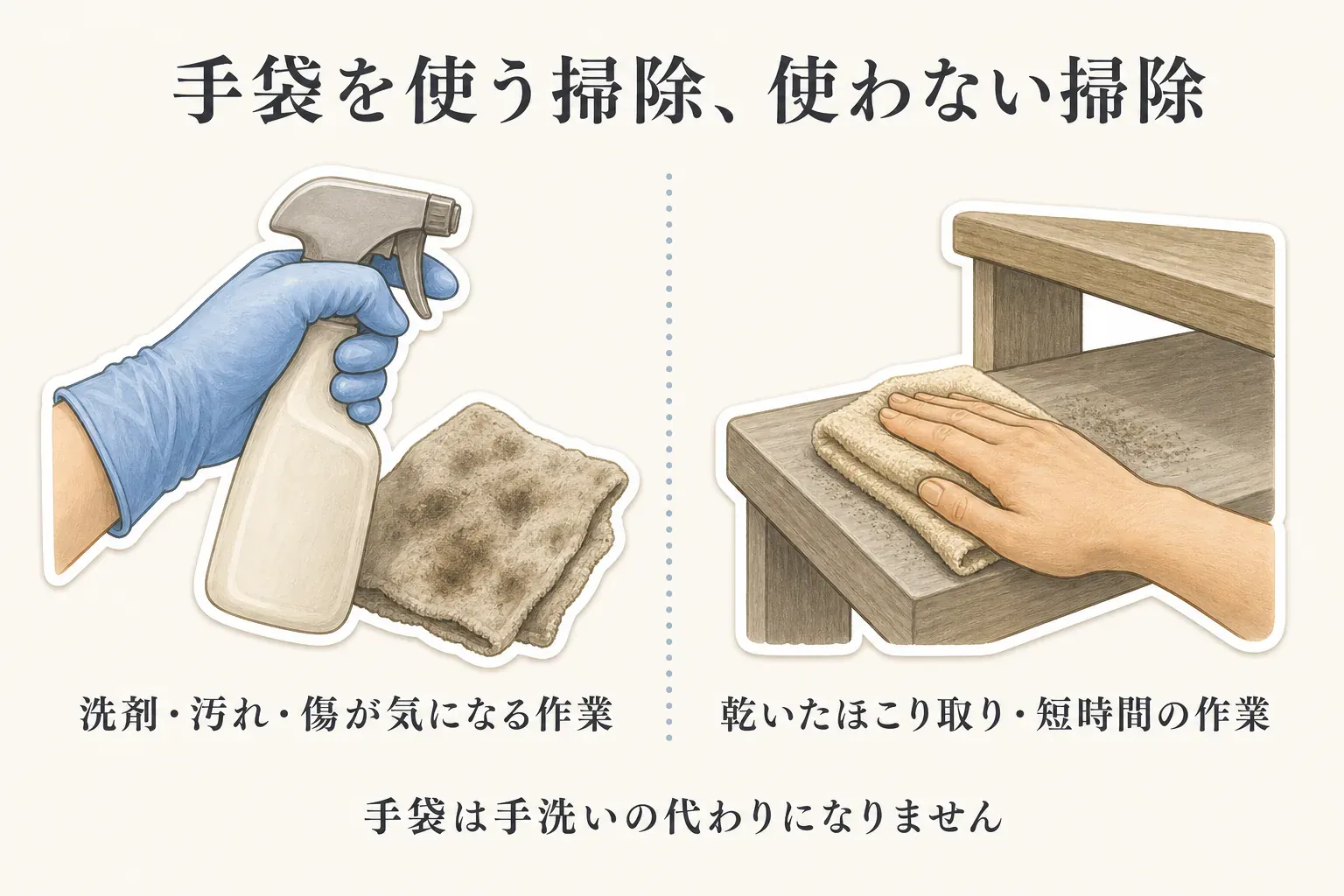 使い捨て手袋を使う掃除と使わない掃除の分け方を示す図。洗剤や汚れた衣類、体液が付着したもの、傷のある手で触れたくない作業では着用し、乾いたほこり取りや手洗いで落とせる短時間の作業では素手も選択肢と示している。