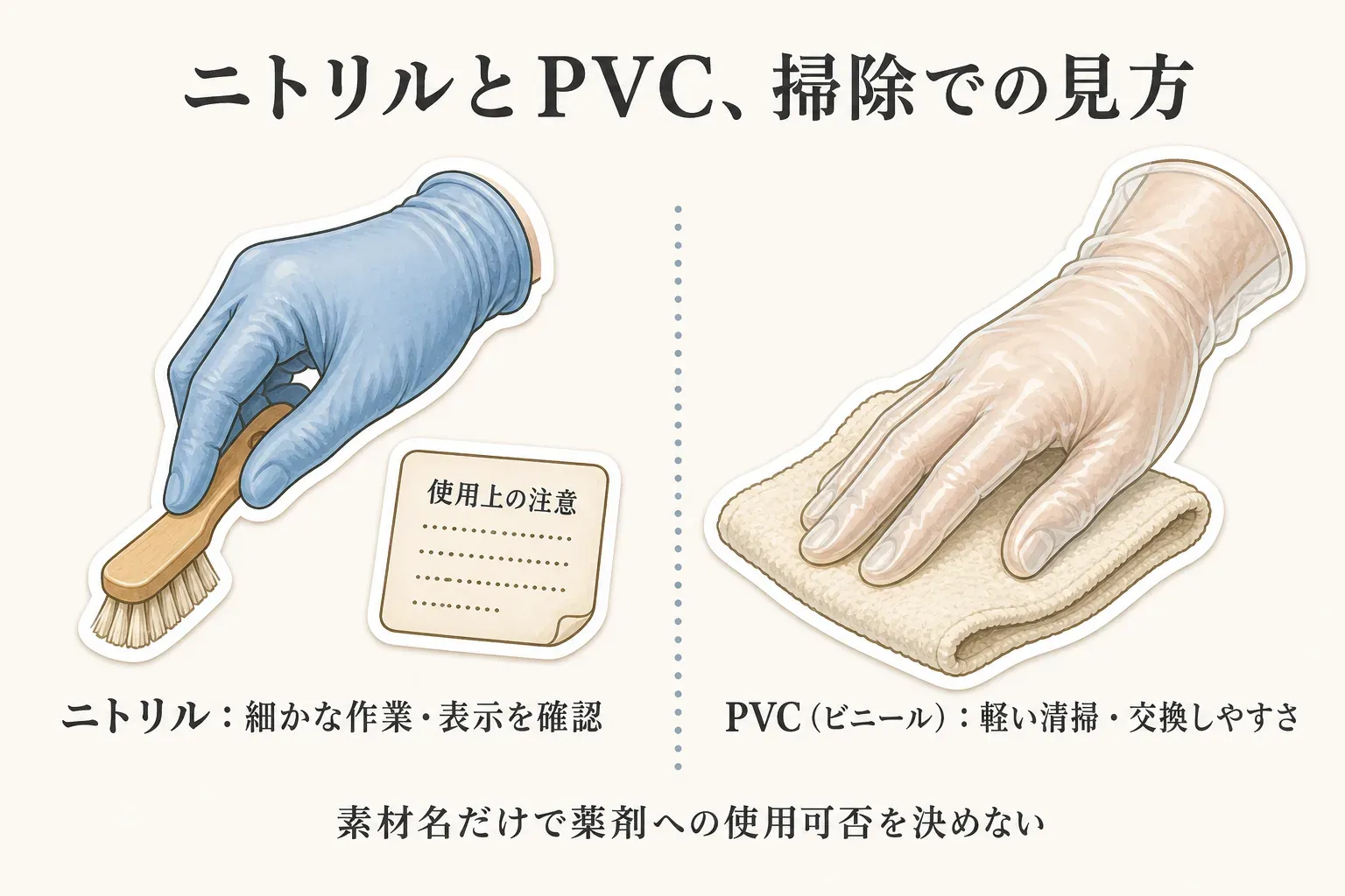 掃除用の使い捨て手袋でニトリルとPVC（ビニール）を選ぶ目安を比較した図。ニトリルは油や薬剤への耐性、薄さとフィット感を確認したい細かな作業向け、PVCは短時間の軽い清掃で交換しやすさを重視する場合の候補と示し、どちらも洗剤の表示を優先するよう案内している。