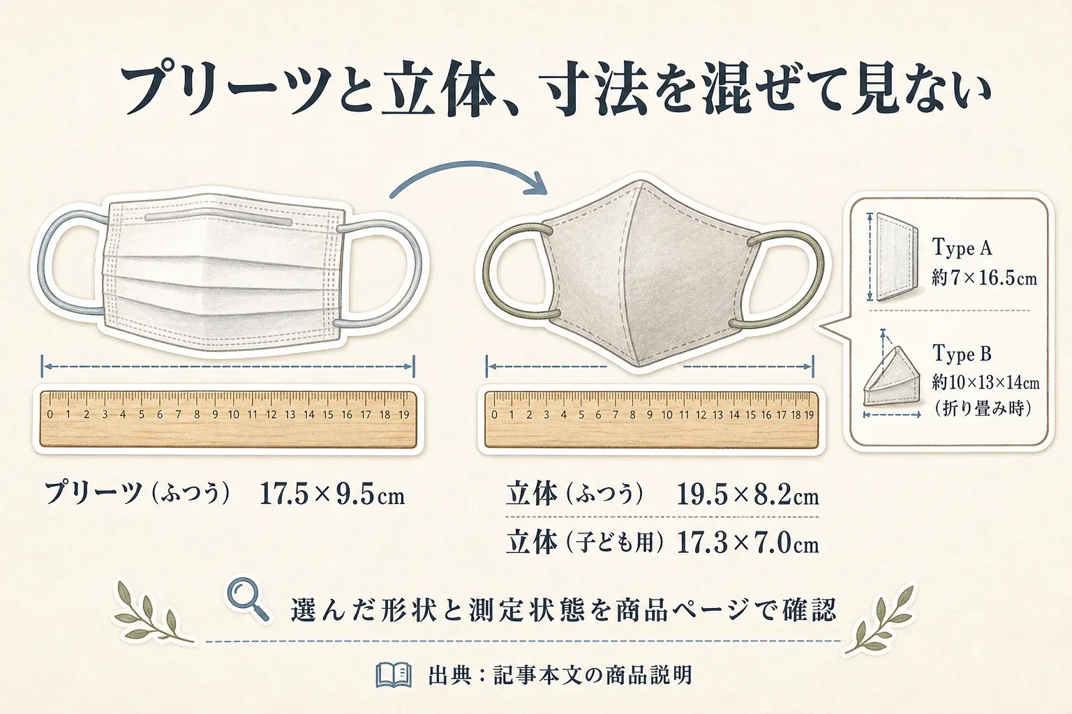 プリーツと立体のマスクの寸法を混ぜて見ないことを示す図。プリーツのふつうは17.5×9.5cm、立体のふつうは19.5×8.2cm、立体の子ども用は17.3×7.0cmと示し、Type A約7×16.5cmとType B約10×13×14cmは折り畳み時の表示であることを図示して、選んだ形状と測定状態を商品ページで確認するよう案内している。出典：記事本文の商品説明