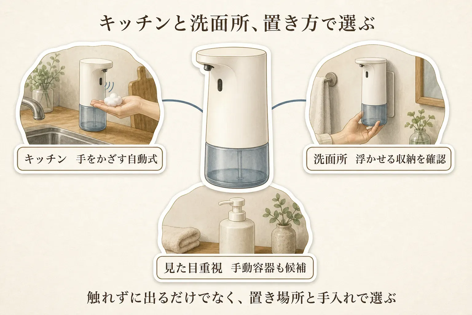 キッチンと洗面所での泡ハンドソープディスペンサーの置き方を比較する図。キッチンでは手をかざして使う自動式、洗面所では壁に浮かせる収納、見た目を重視する場所では手動容器を候補として示し、置き場所と手入れで選ぶことを案内している。出典：記事内の商品説明