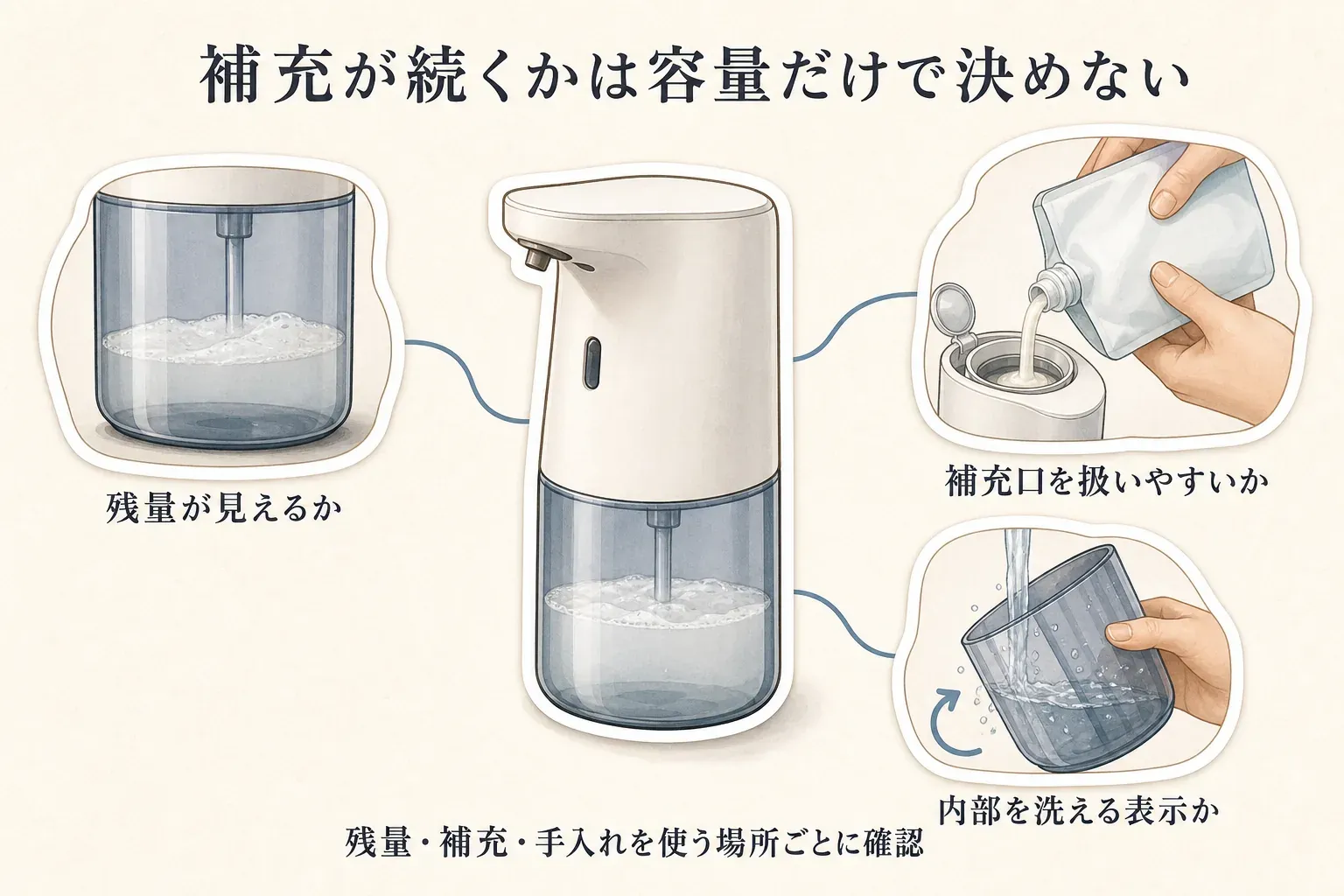 泡ハンドソープディスペンサーの補充と手入れの確認点を示す図。残量が見えるタンク、開けやすい補充口からソープを注ぐ様子、タンク内部を水で洗う様子を描き、容量だけでなく残量・補充・手入れを確認することを案内している。出典：記事内の商品説明