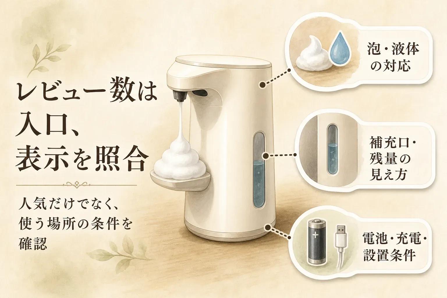 レビュー数だけでなく、泡・液体への対応、補充口と残量表示の見え方、電池・充電・設置条件を照合する確認点を示す図。泡を出す自動ディスペンサー、泡と液体の記号、残量窓、乾電池、充電ケーブルのイラストで表現。出典：記事内の商品説明