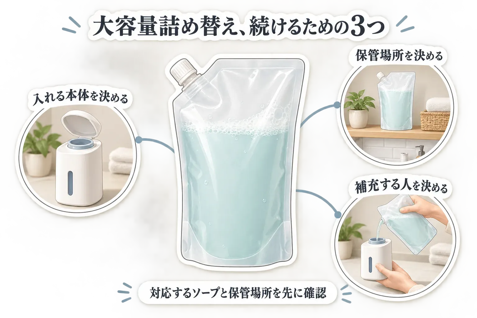 大容量の泡ハンドソープ詰め替えを続けるために、入れる本体を決める、保管場所を決める、補充する人を決めるという3つの手順を示す図。補充口を開けたディスペンサー、保管棚の詰め替えパウチ、本体へ注ぐ手のイラストで表現。出典：記事本文