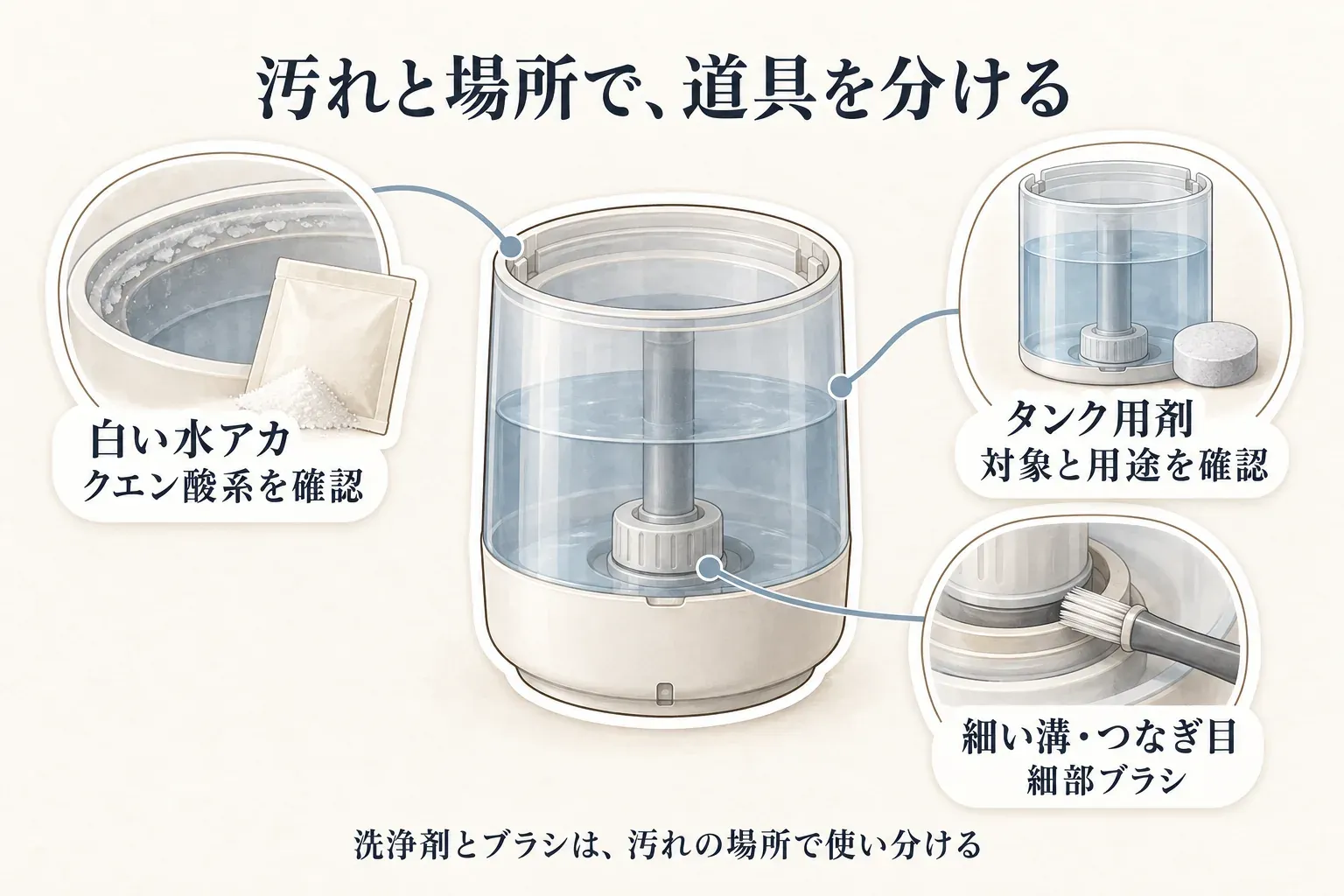 加湿器の汚れと場所で道具を分ける図。タンクの白い水アカにはクエン酸系、タンク用剤は対象機種と用途を確認し、細い溝や部品のつなぎ目には細部ブラシを使うことを示す。出典：記事本文「加湿器用の洗浄剤と掃除ブラシは、汚れの場所で分ける」