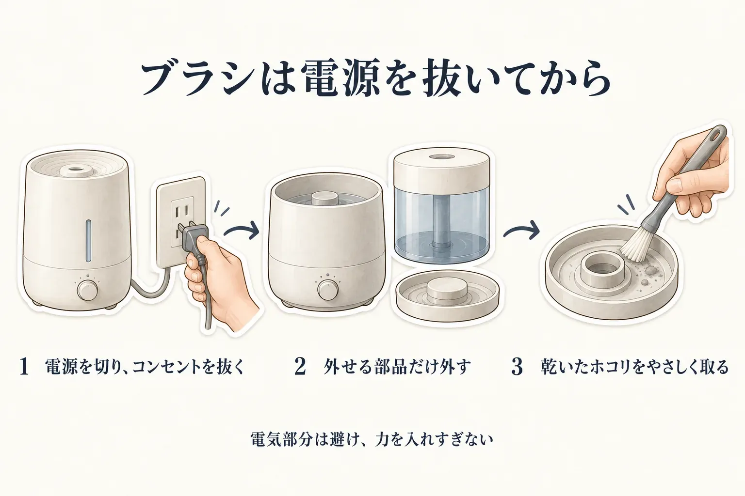 加湿器をブラシで掃除する最初の手順を示す図。電源を切ってコンセントを抜き、説明書で外せる部品だけを外し、乾いたホコリをやさしく取り除く流れと、電気部分を避けて力を入れすぎない注意を示す。出典：記事本文「細い部品に掃除ブラシを使うときの注意点」
