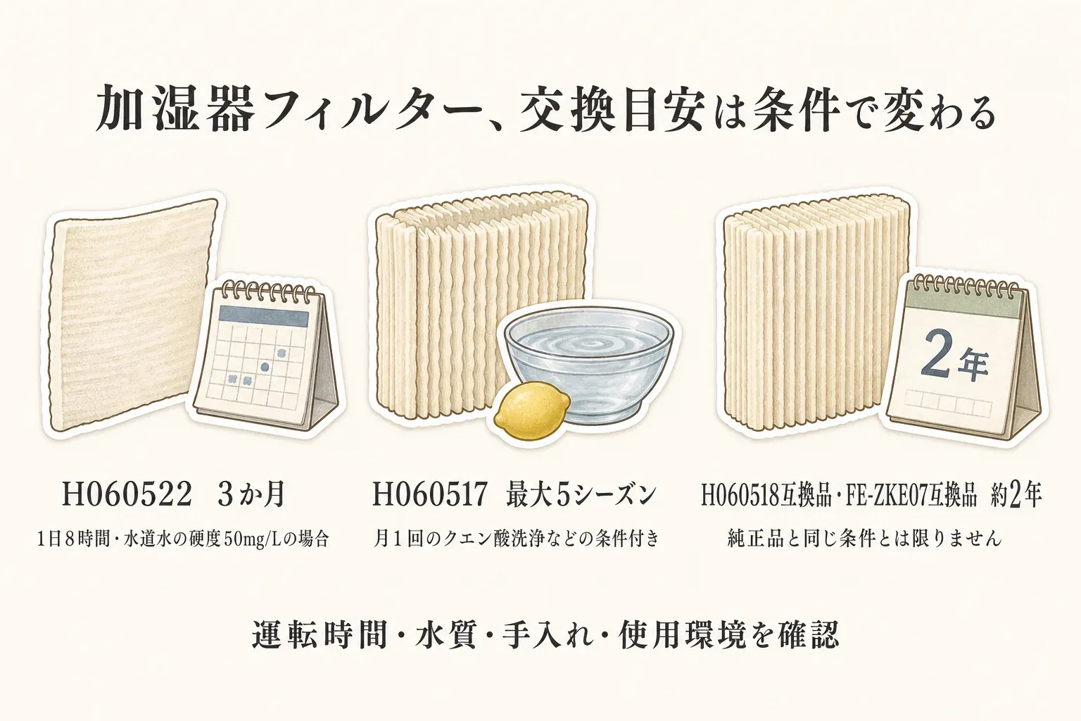 加湿器フィルターの交換目安が条件で変わることを比べる図。H060522は1日8時間運転・水道水の硬度50mg/Lの場合で3か月、H060517は月1回のクエン酸洗浄などの条件付きで最大5シーズン、H060518互換品とFE-ZKE07互換品は約2年で純正品と同じ条件とは限らないことを示し、運転時間・水質・手入れ・使用環境の確認を促す。出典：記事本文の商品説明およびダイニチ工業公式案内