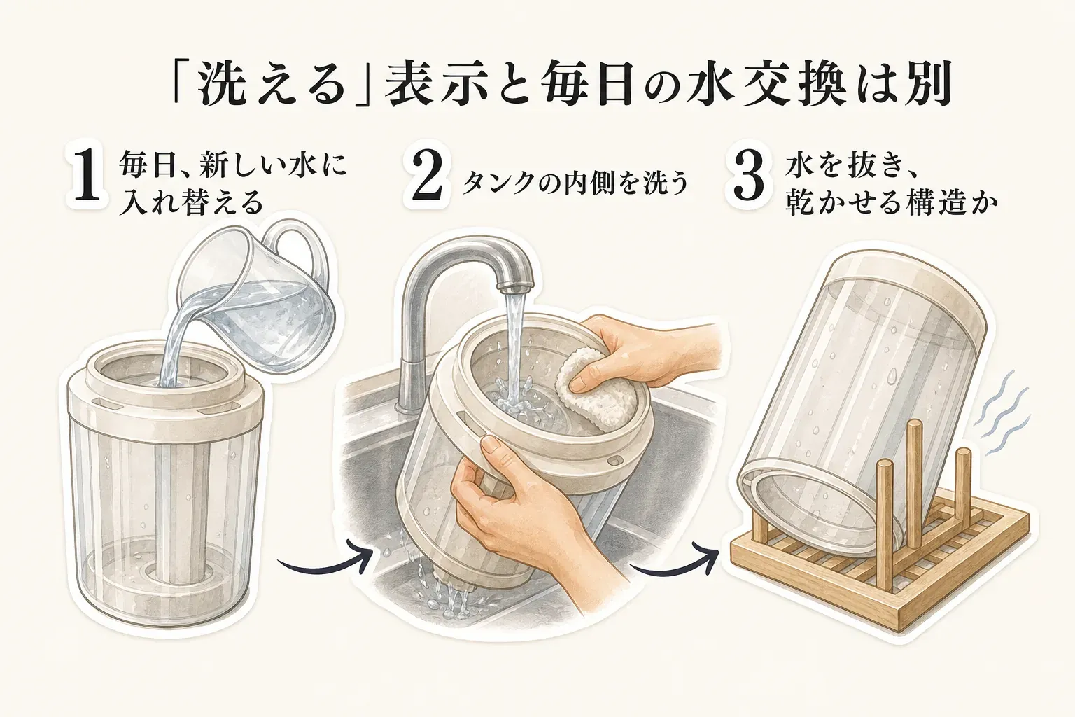 「洗える」表示と毎日の水交換は別であることを示す図。加湿器は毎日新しい水に入れ替え、タンクの内側を洗い、水を抜いて乾かせる構造かを確認する3つの手順を描く。出典：厚生労働省「レジオネラ症を予防するために必要な措置に関する技術上の指針」