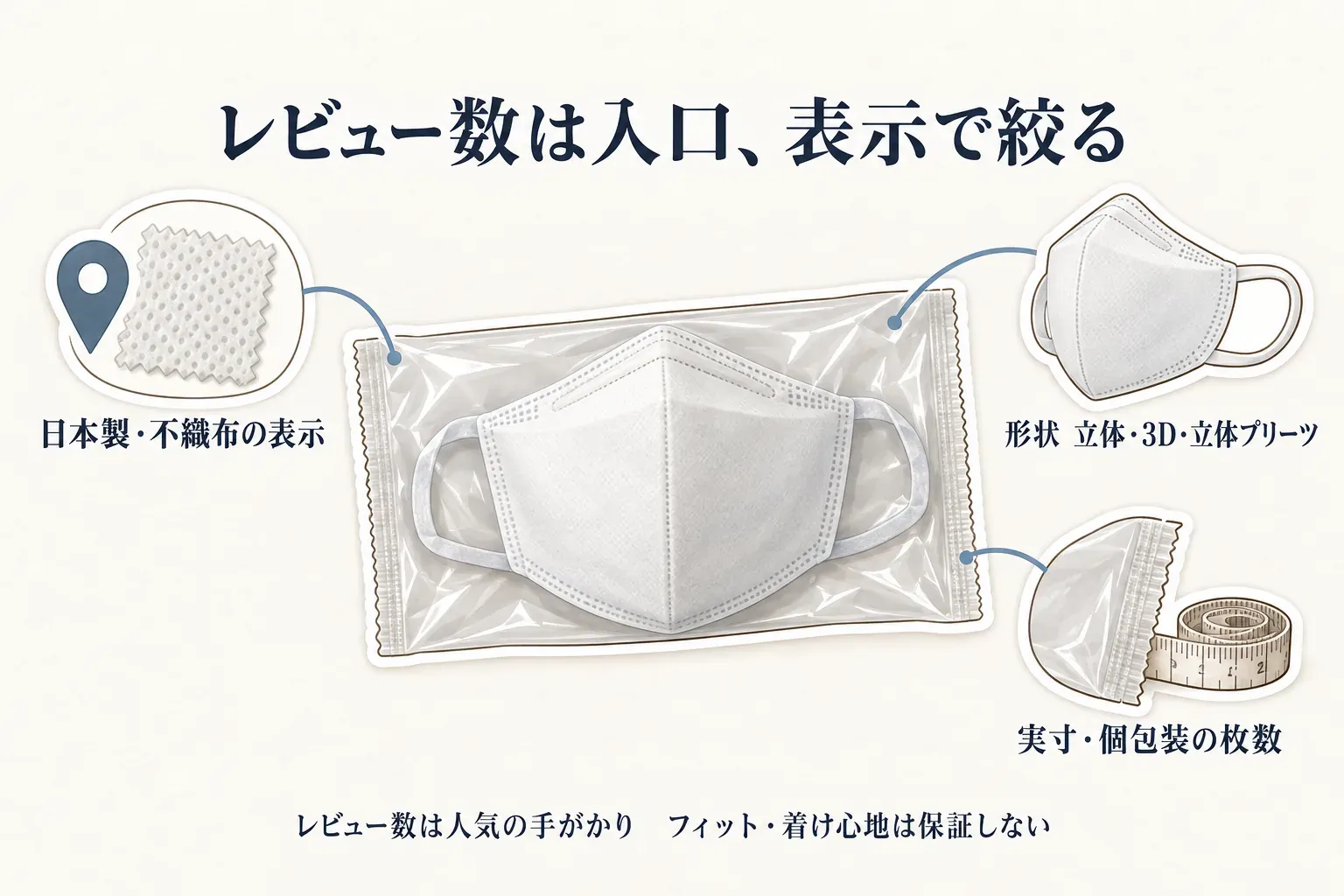 日本製・不織布の表示、形状、実寸・個包装の枚数を確認してマスクを絞り込む図。個包装されたマスクを中心に、形状は立体・3D・立体プリーツ、レビュー数は人気の手がかりでフィットや着け心地を保証しないことを示す。出典：記事本文の商品説明