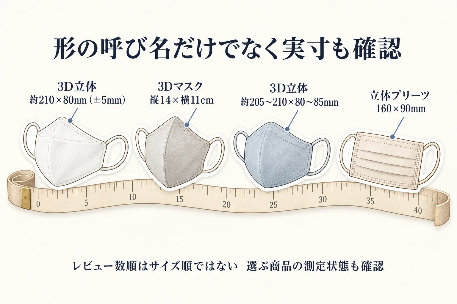 形の呼び名だけでなく実寸を確認する図。3D立体は約210×80mm（±5mm）、3Dマスクは縦14×横11cm、3D立体は約205〜210×80〜85mm、立体プリーツは160×90mmと示し、レビュー数順はサイズ順ではなく測定状態も確認するよう案内している。出典：記事本文の商品説明