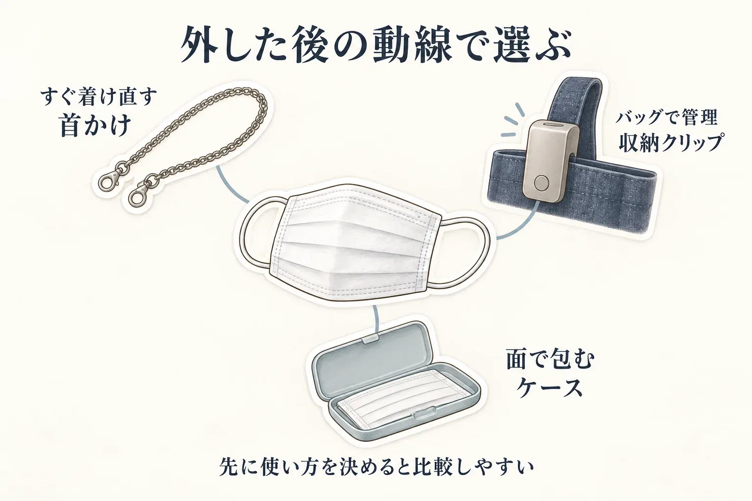 外したマスクの扱い方を、すぐ着け直す首かけ、バッグで管理する収納クリップ、面で包むケースの3通りで示す図。先に使い方を決めると商品を比較しやすいことを案内している。出典：記事本文