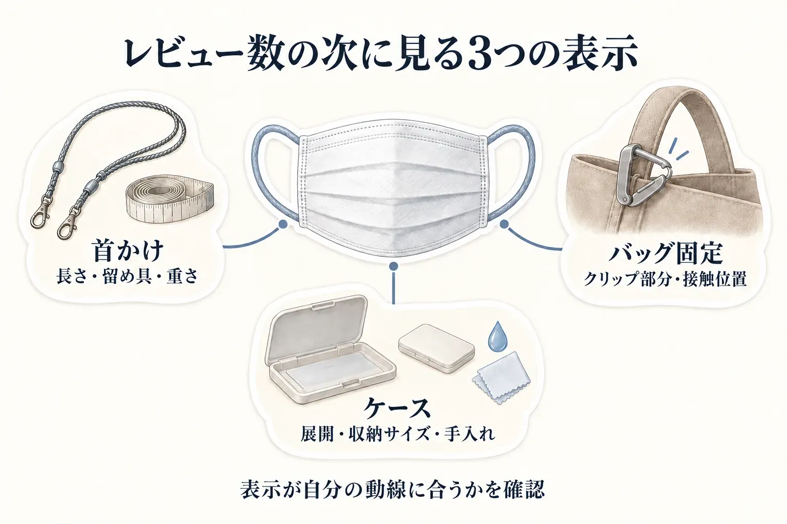 レビュー数の次に確認する表示を、首かけの長さ・留め具・重さ、バッグ固定のクリップ部分・接触位置、ケースの展開・収納サイズ・手入れの3項目で示す図。表示が自分の動線に合うか確認するよう案内している。出典：記事本文の商品説明