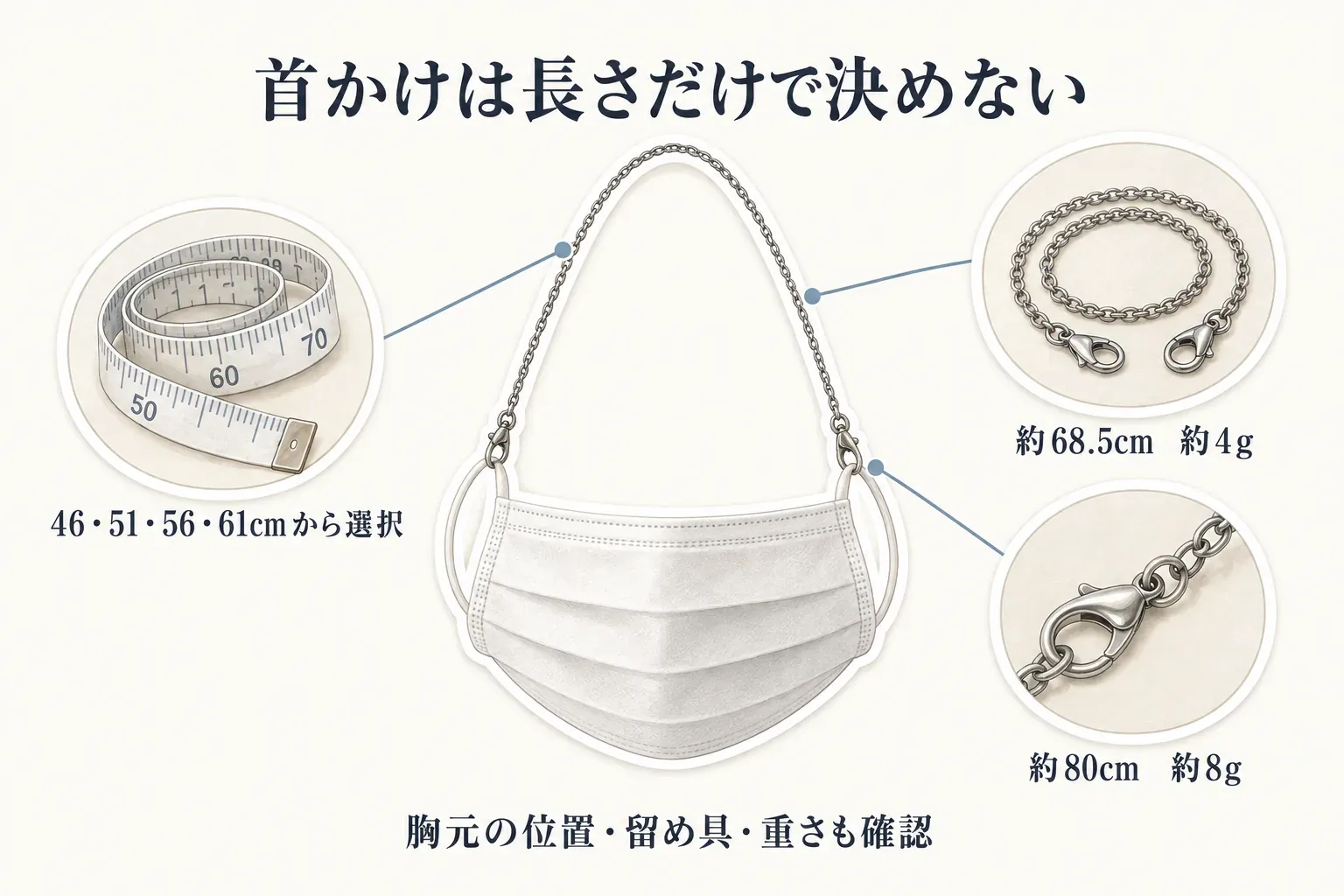 首かけ型は長さだけで決めないことを示す図。46・51・56・61cmから選べる長さ、約68.5cm・約4gのチェーン、約80cm・約8gのチェーン、留め具を示し、胸元の位置・留め具・重さも確認するよう案内している。出典：記事本文の商品説明