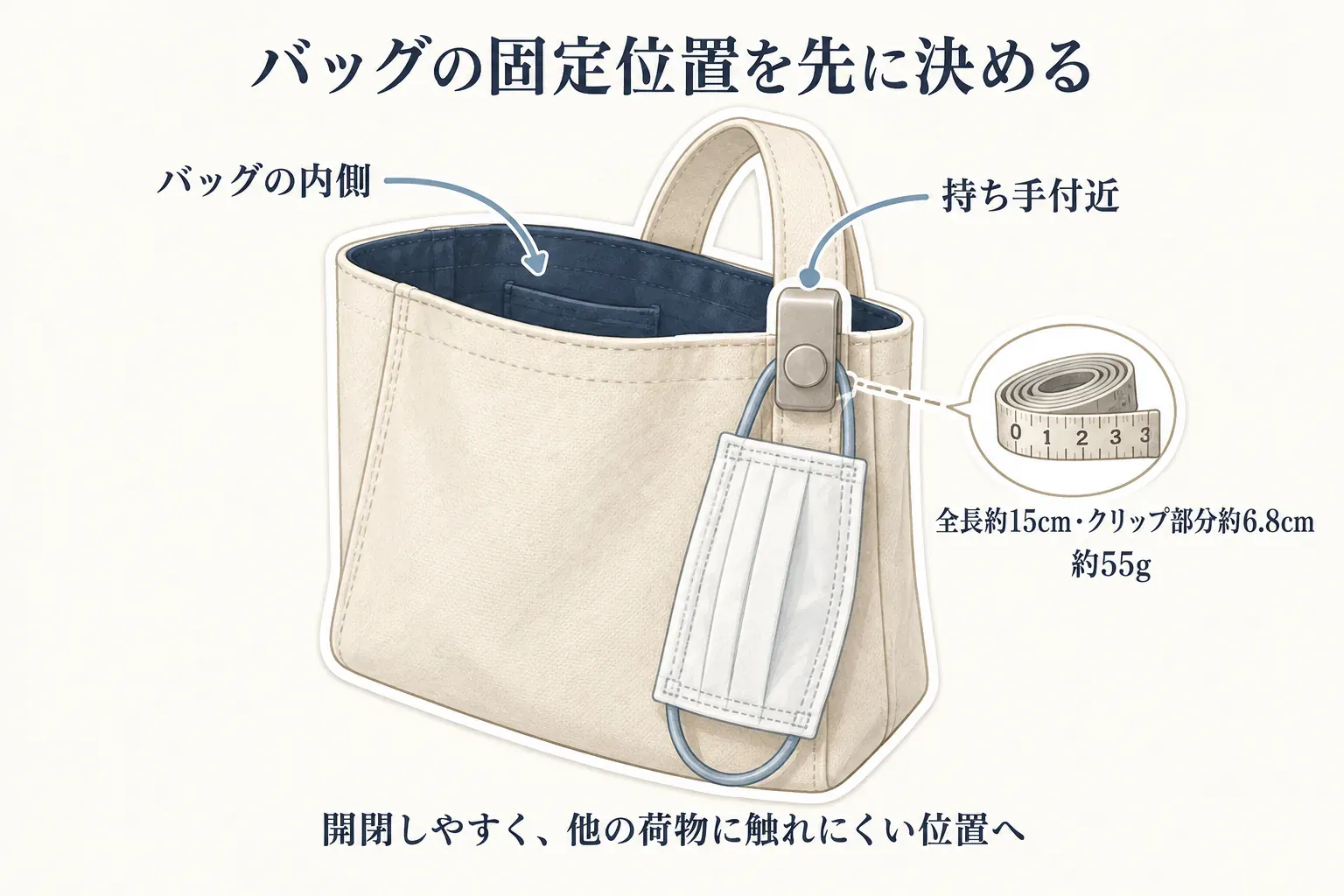 収納クリップをバッグの内側または持ち手付近に固定する位置を示す図。全長約15cm、クリップ部分約6.8cm、約55gの表示とともに、開閉しやすく他の荷物に触れにくい位置を選ぶよう案内している。出典：記事本文の商品説明