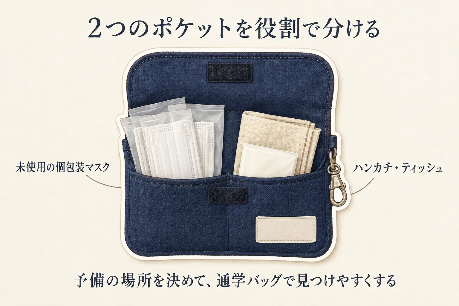 2つのポケットを役割で分ける図。名入れ移動ポケットの一方には未使用の個包装マスク、もう一方にはハンカチとティッシュを入れ、予備の場所を決めて通学バッグ内で見つけやすくする様子を示す。出典：記事本文の商品説明