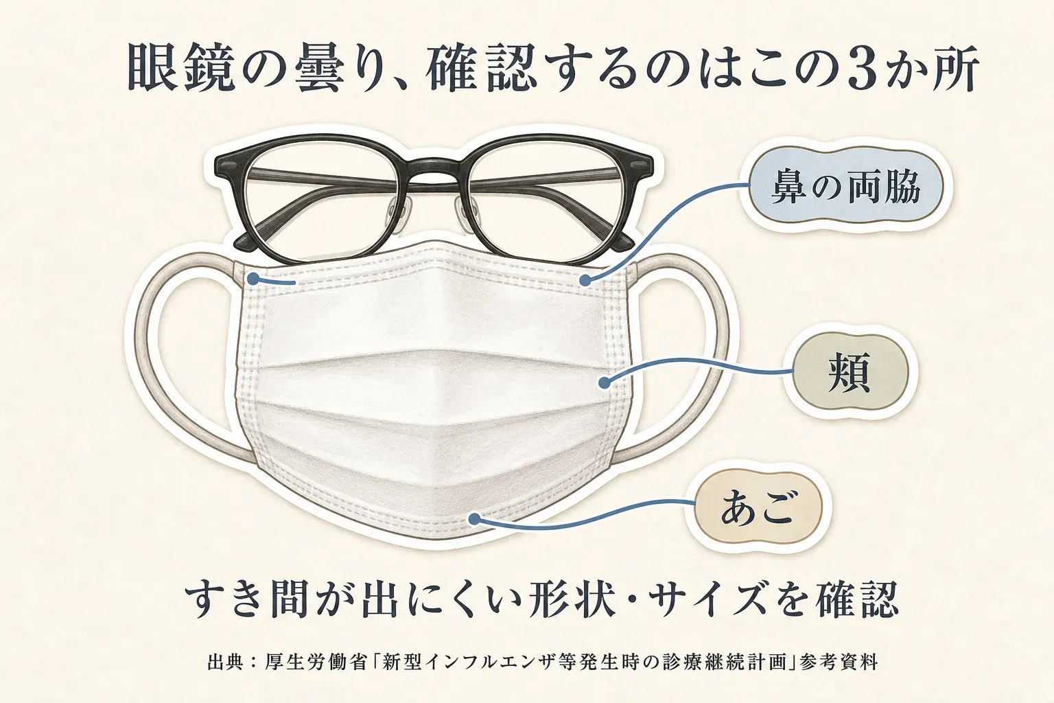 眼鏡と不織布マスクを着けた顔の図。眼鏡の曇りを確認する箇所として鼻の両脇、頬、あごを示し、すき間が出にくい形状・サイズを確認するよう案内している。出典：厚生労働省「新型インフルエンザ等発生時の診療継続計画」参考資料