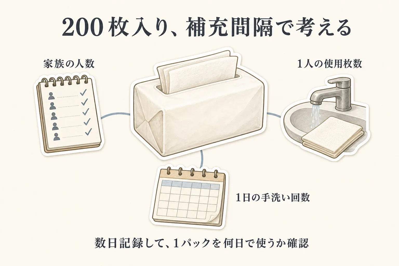 200枚入りのペーパータオルを補充間隔で考える図。家族の人数、1人の使用枚数、1日の手洗い回数を確認し、数日間記録して1パックを何日で使うか確かめる流れを、紙タオル、チェックリスト、洗面台、カレンダーのイラストで示す。出典：記事本文「家族の使用量は、何枚入りかだけでなく補充間隔で考える」