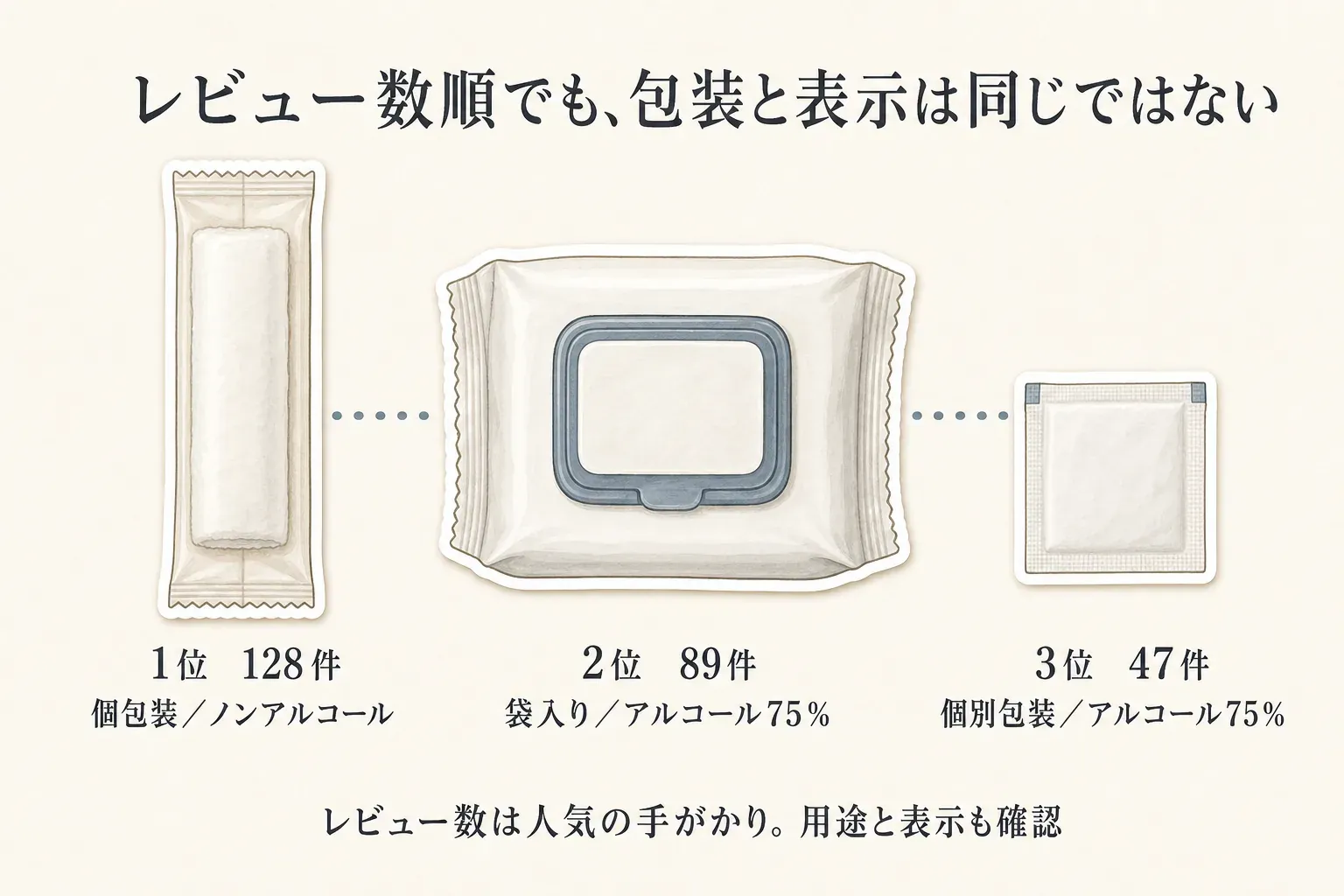 携帯用ウェットティッシュ3商品のレビュー数順と包装・アルコール表示を比較した図。1位は128件の個包装ノンアルコール、2位は89件の袋入りアルコール75％、3位は47件の個別包装アルコール75％で、レビュー数は人気の手がかりとして用途と表示の確認を促している。