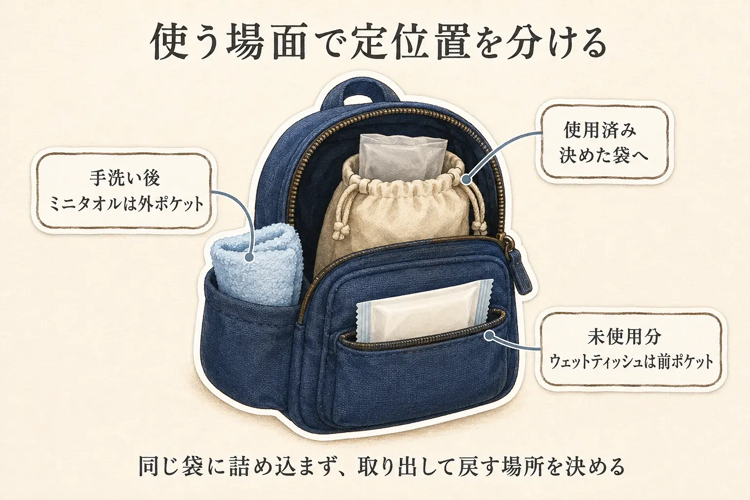 使う場面で持ち物の定位置を分ける図。リュックの外ポケットには手洗い後に使うミニタオル、前ポケットには未使用のウェットティッシュ、リュック内の袋には使用済みのものを入れ、同じ袋に詰め込まず取り出して戻す場所を決める様子を示す。出典：記事本文「先に結論：タオルとウェットティッシュを別の定位置にする」