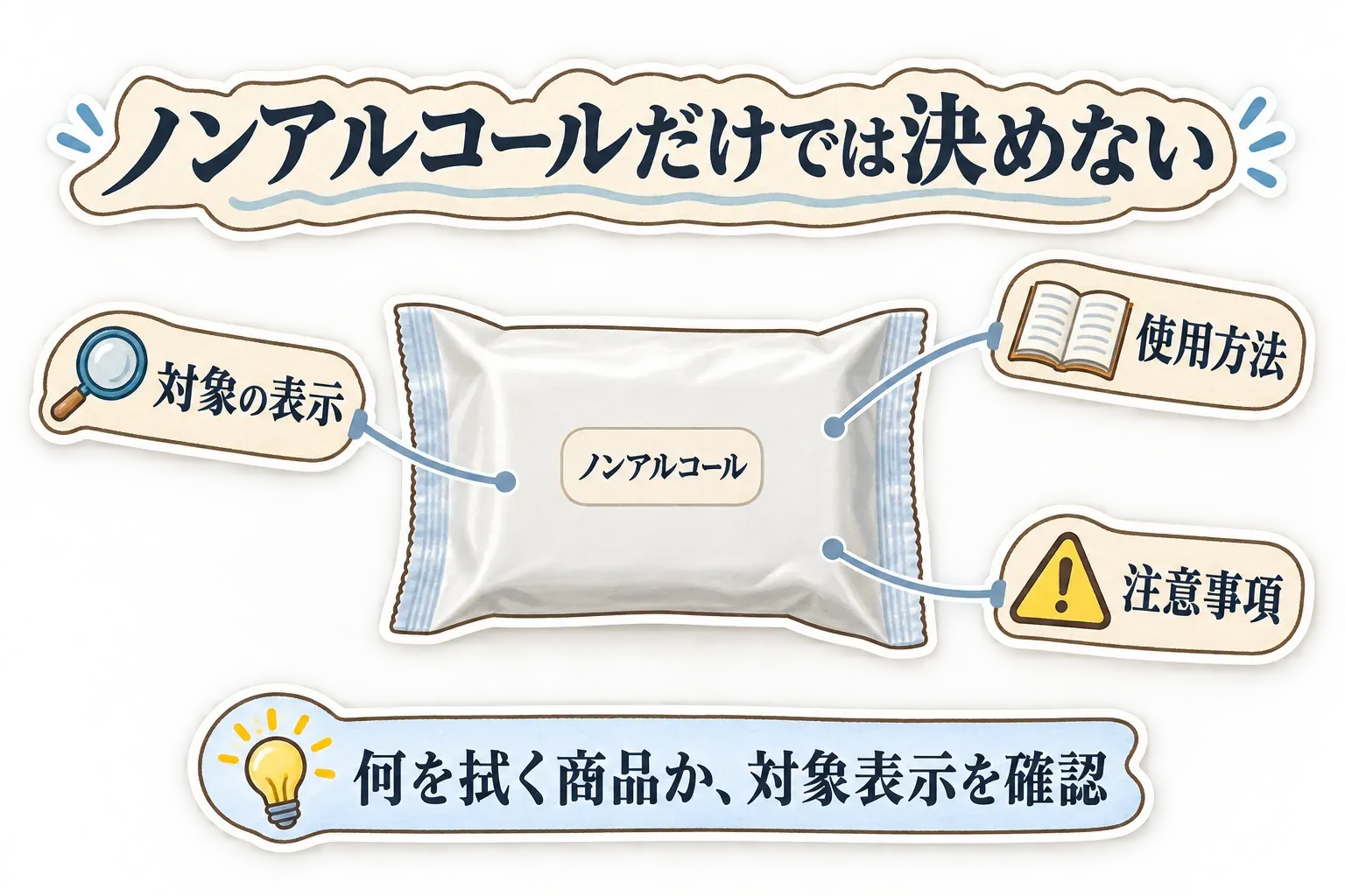 ノンアルコール表示だけで決めないことを示す図。ウェットティッシュの袋にあるノンアルコール表示を中心に、対象の表示、使用方法、注意事項を確認し、何を拭く商品かを見極めるよう案内している。出典：記事本文「ノンアルコール表示だけで、子どもの手に使えると決めない」