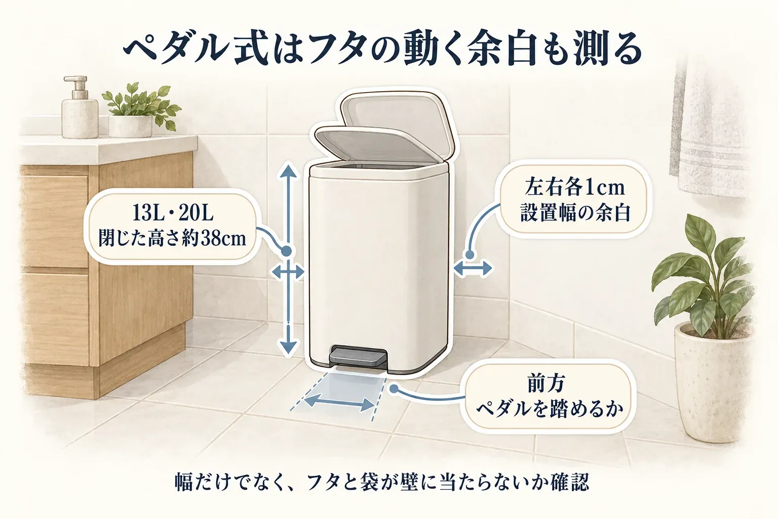 洗面所に置くペダル式ゴミ箱の可動域を確認する図。13L・20Lは閉じた高さ約38cm、左右各1cmの設置幅の余白、前方でペダルを踏める空間、開いたフタと袋が壁に当たらないことを矢印で示している。出典：記事本文の商品説明