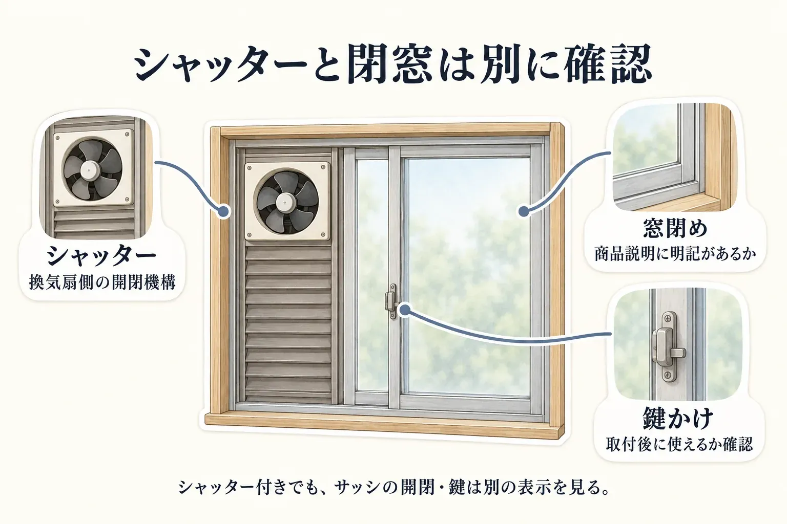 換気扇のシャッターが閉じることと、サッシの窓を閉めて鍵をかけられることは別に確認する必要があることを示す図。窓閉め可能と明記された機種、シャッター表示のみの機種、記載を確認できない機種を商品説明とメーカー情報で照合するよう案内している。出典：記事本文の商品説明