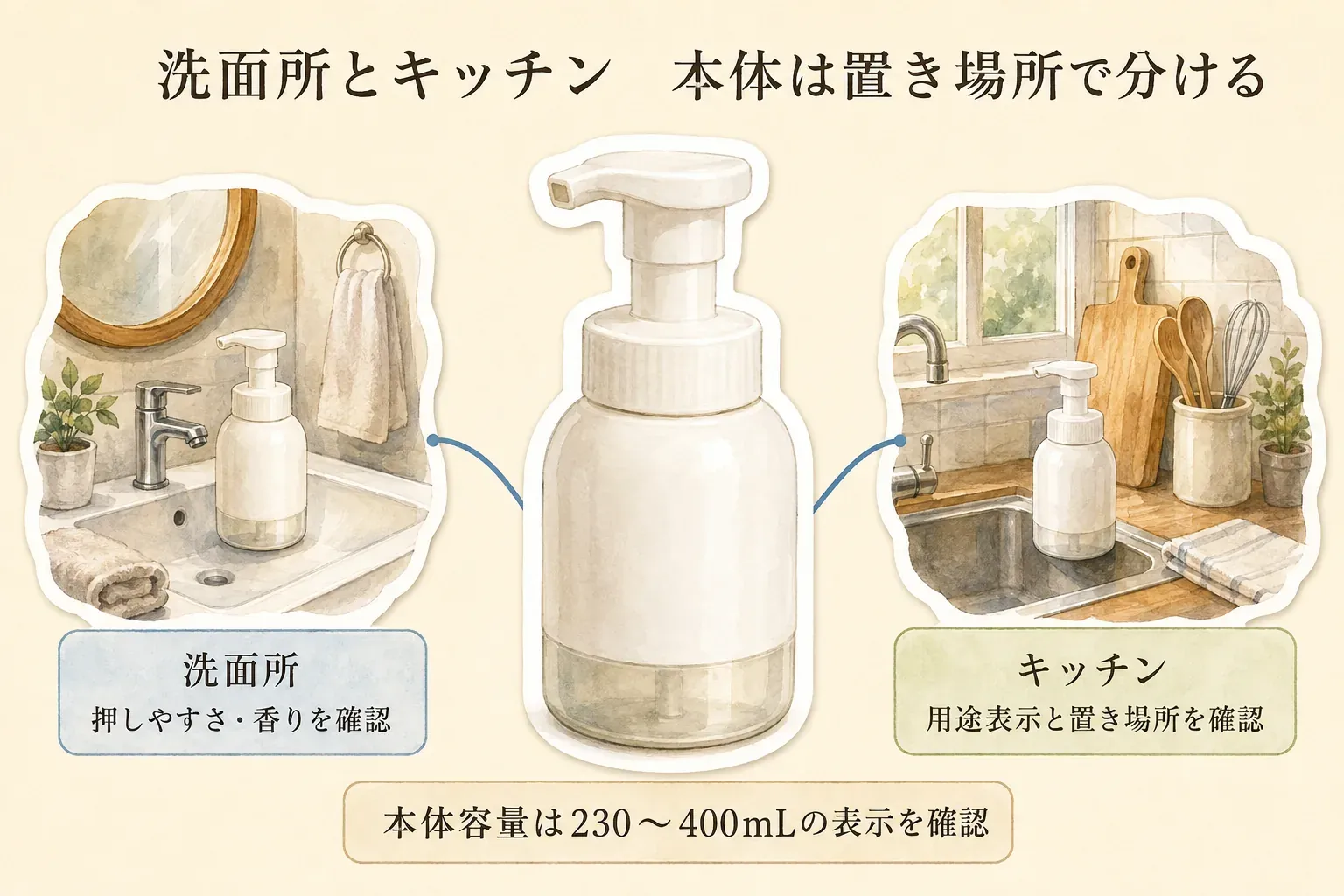 泡ハンドソープ本体を洗面所とキッチンで使い分ける図。洗面所では押しやすさと香りを、キッチンでは用途表示と置き場所を確認し、本体容量は230〜400mLの表示を確認することを示している。出典：記事本文