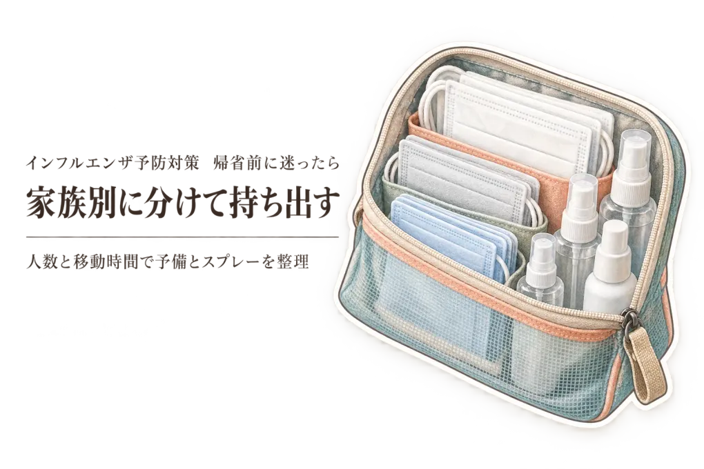 年末年始の帰省に旅行用衛生ポーチをどう作る？家族の人数と移動時間で予備と携帯用手指消毒スプレーを決める